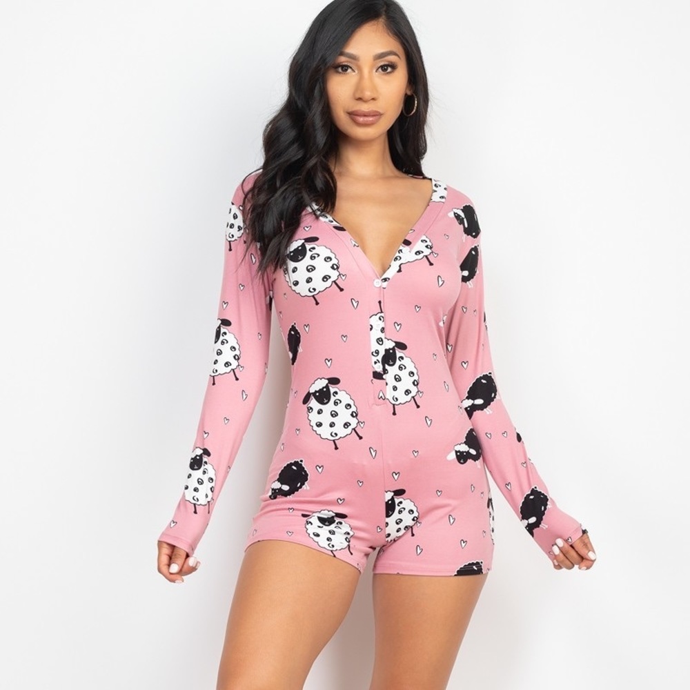 Sheep Print V-neck Button Romper